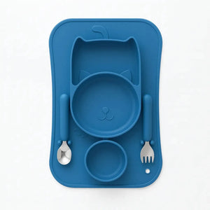 Blue cat design silicone baby feeding set with plate, bowl, spoon and fork