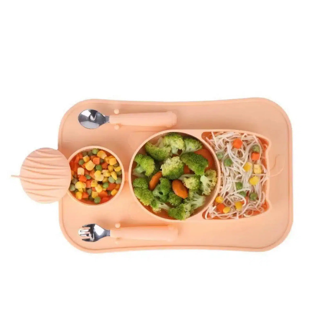 Pink cat design silicone baby feeding set shown with food for mealtime