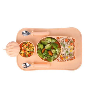 Pink cat design silicone baby feeding set shown with food for mealtime