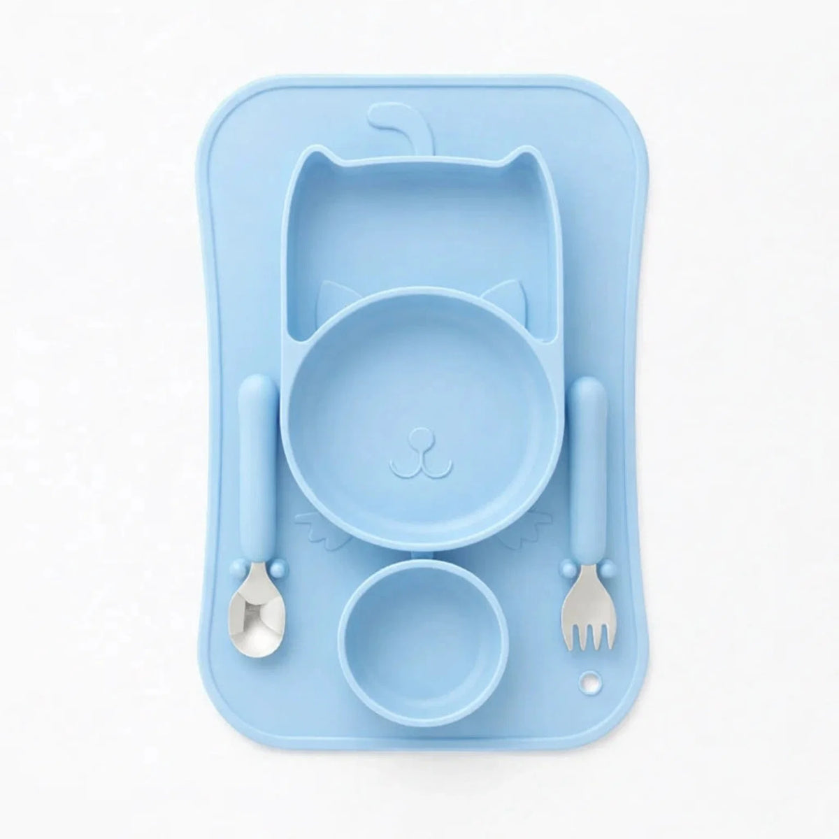 Light blue cat design silicone baby feeding set with suction base