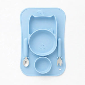 Light blue cat design silicone baby feeding set with suction base