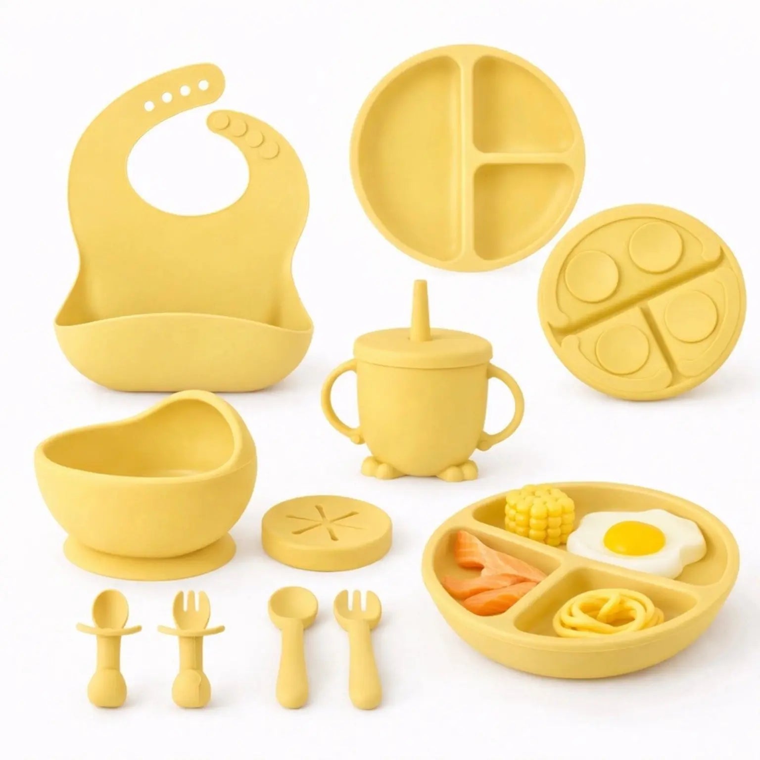 8 Pieces Baby Silicone Feeding Set in Yellow with Suction Bowl Plate Bib Cup Spoon and Fork