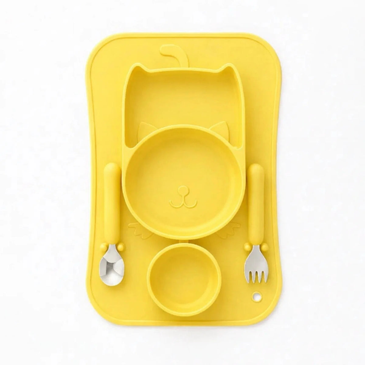 Yellow cat design silicone baby feeding set for toddler self-feeding