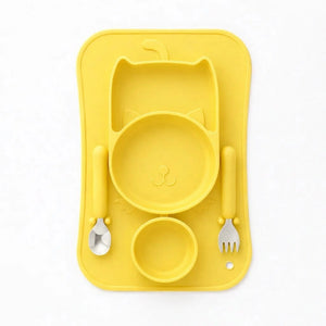 Yellow cat design silicone baby feeding set for toddler self-feeding