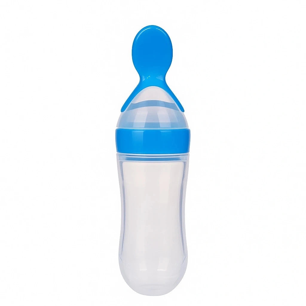 Blue baby silicone spoon feeder bottle for easy feeding