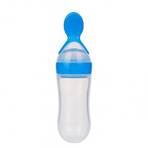 Blue baby silicone spoon feeder bottle for easy feeding