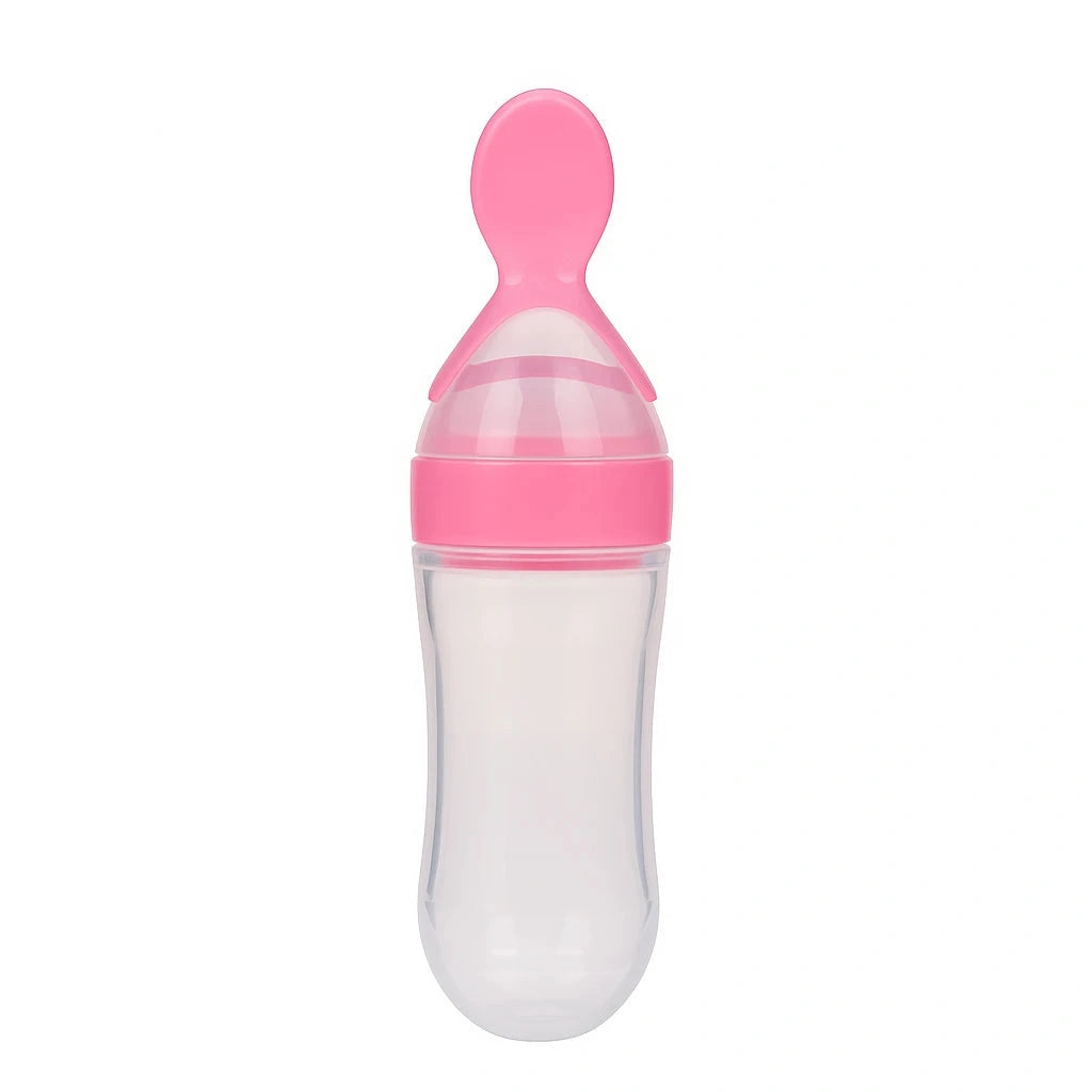 Pink baby silicone spoon feeder bottle for baby food