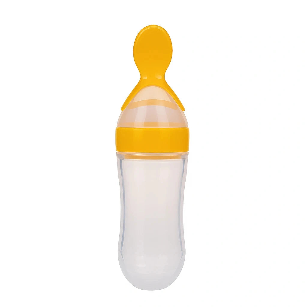 Yellow baby silicone spoon feeder bottle with soft spoon tip