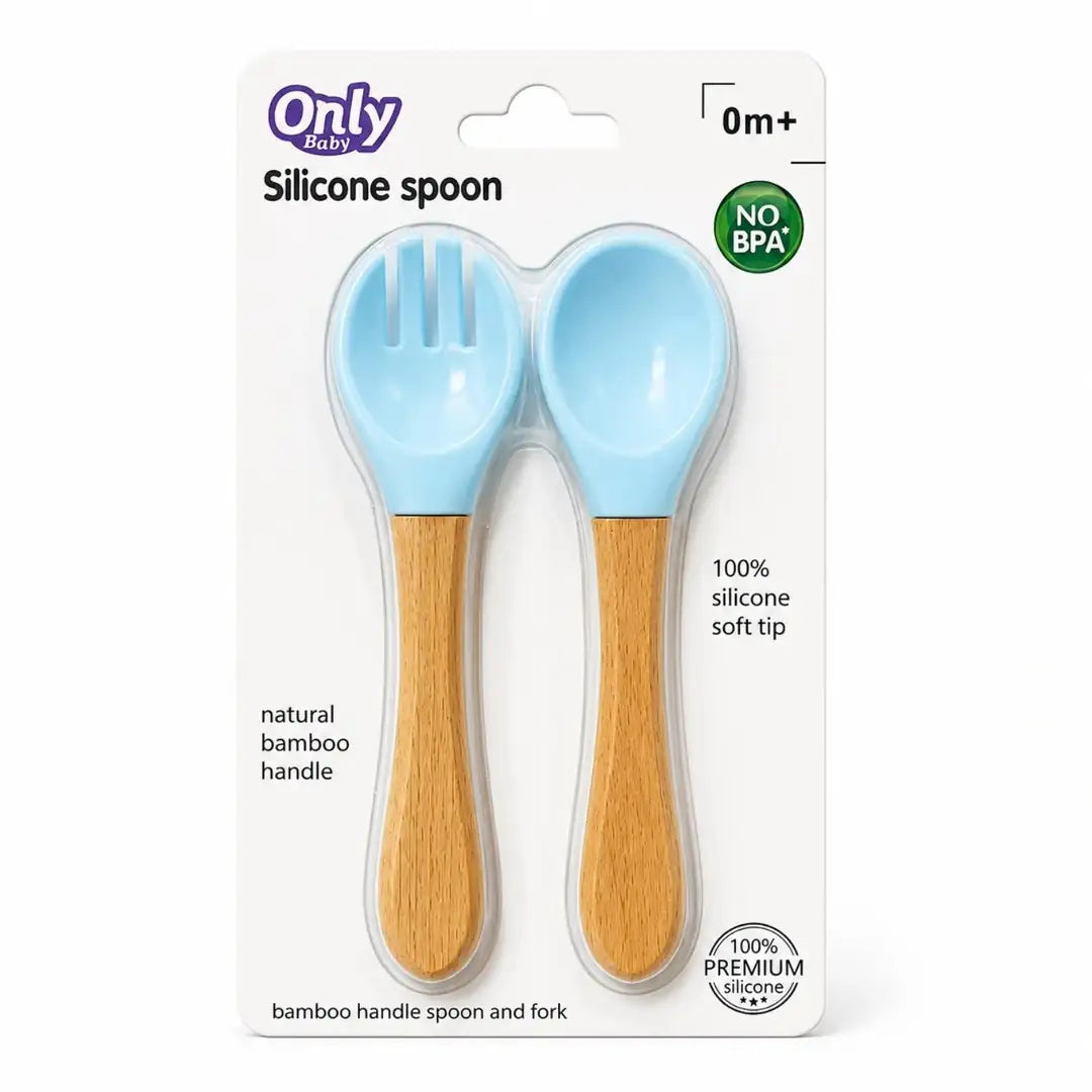 Blue baby silicone spoon and fork set with natural bamboo handles