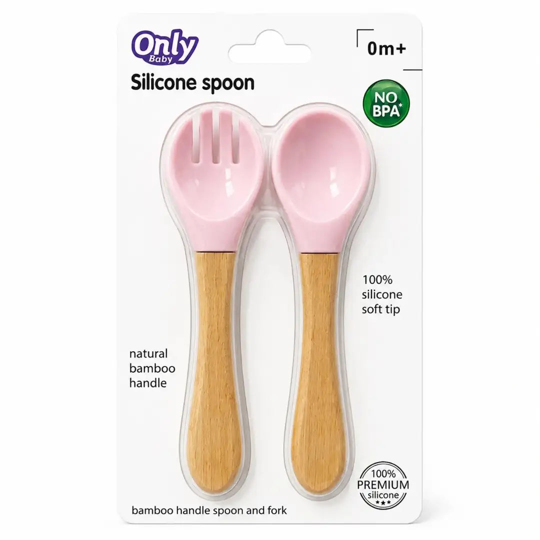 Pink baby silicone spoon and fork set with natural bamboo handles