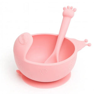 Pink silicone baby feeding bowl and spoon set with anti-slip suction base