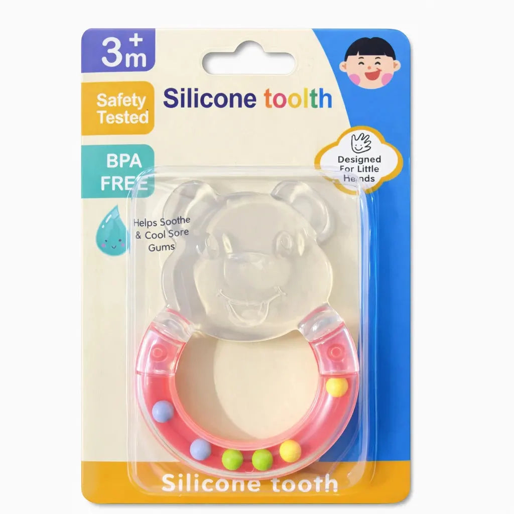 Pink Silicone Baby Teether Rattle with Easy Grip Handle and Soft Teething Surface for Babies 3 Months Plus