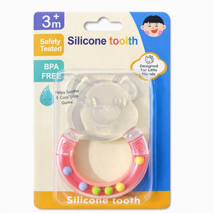 Pink Silicone Baby Teether Rattle with Easy Grip Handle and Soft Teething Surface for Babies 3 Months Plus