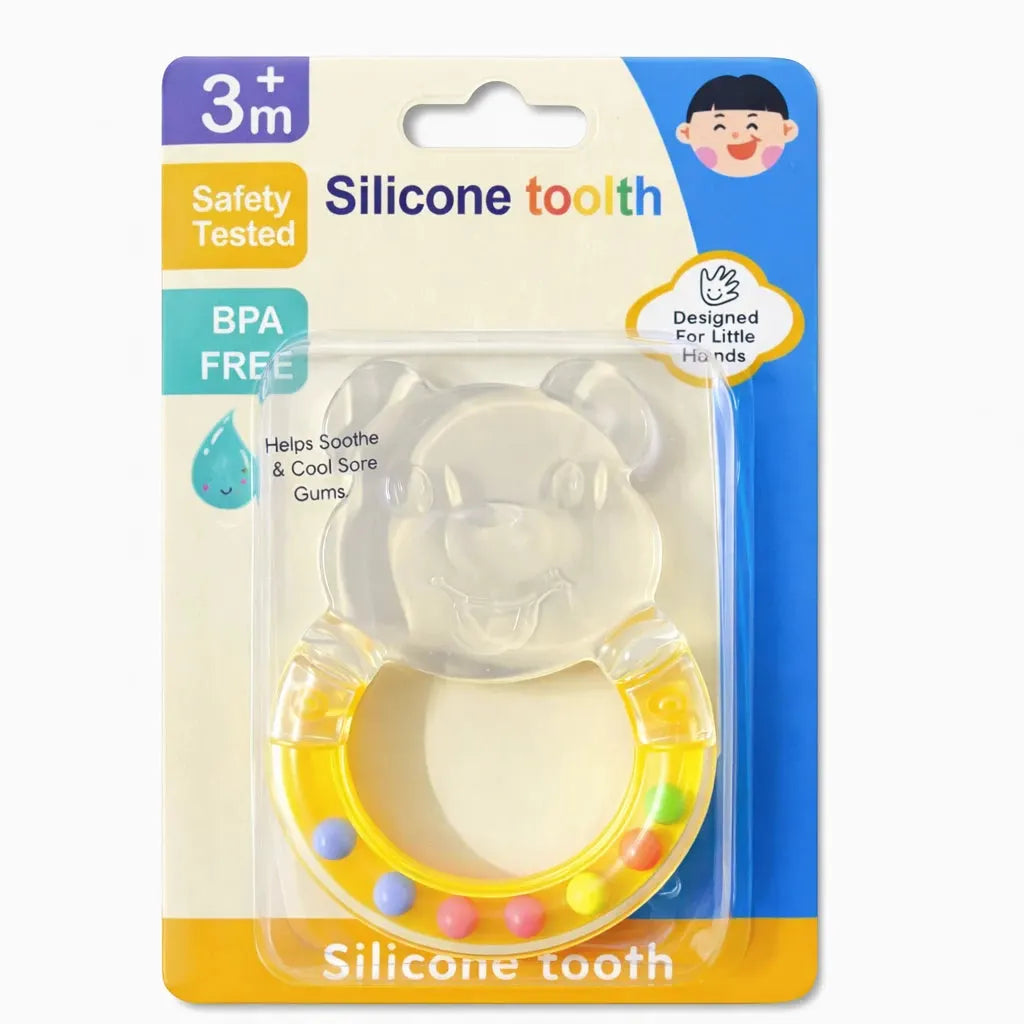 Yellow Silicone Baby Teether Rattle with Soft Gum Relief Design and Colorful Rattle Beads for Babies 3 Months Plus