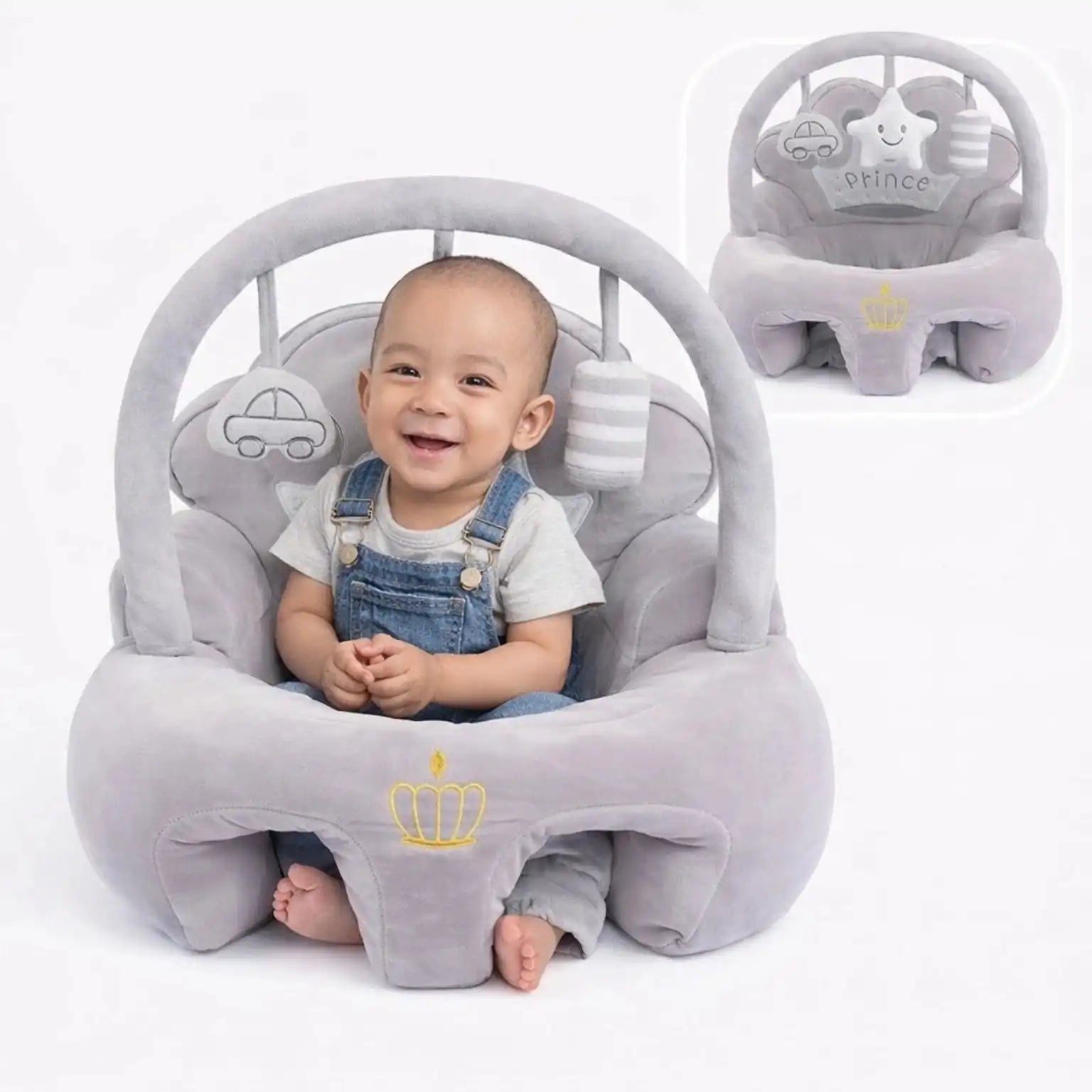 Grey Baby Learning Sit Sofa Seat with Baby and Hanging Toys for 6 Plus Months