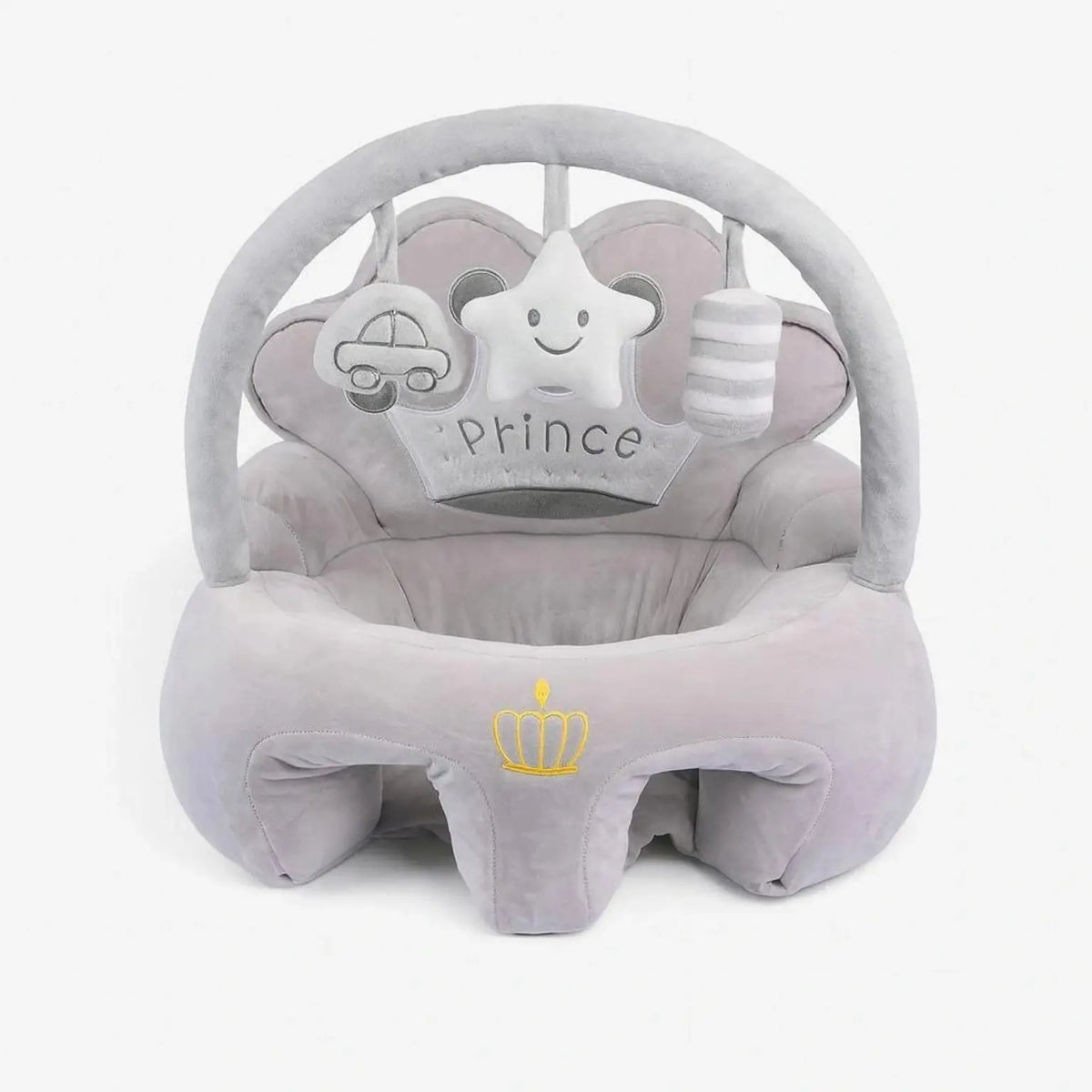 Grey Baby Learning Sit Sofa Seat with Crown Design and Hanging Toys