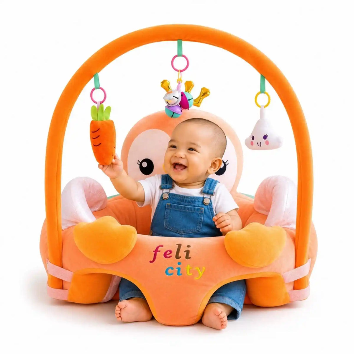 Orange Animal Baby Learning Sit Sofa Seat with Hanging Toys for 6 Plus Months