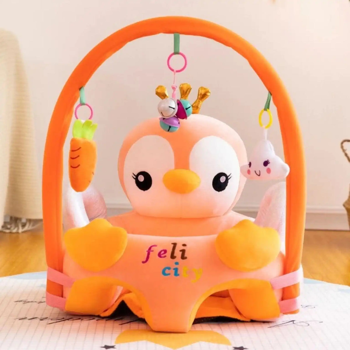Orange Animal Baby Learning Sit Sofa Seat with Hanging Toys and Back Support