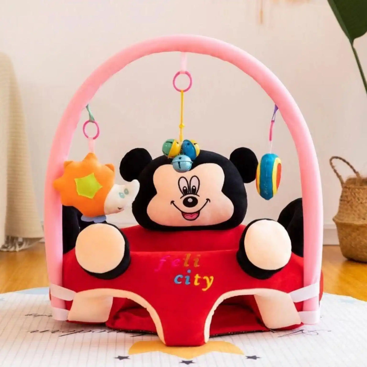 Red Cartoon Baby Learning Sit Sofa Seat with Hanging Toys and Back Support
