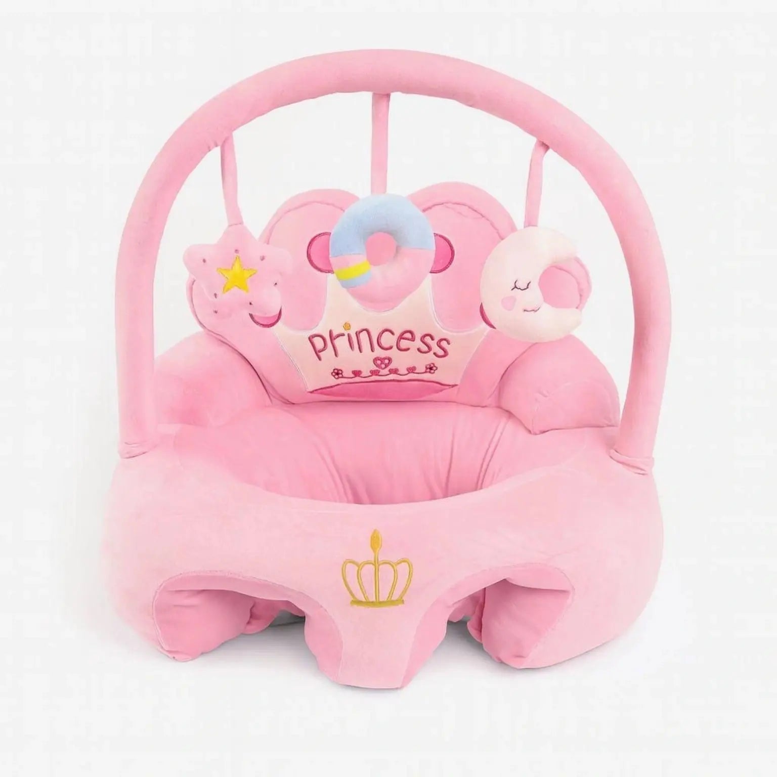 Pink Baby Learning Sit Sofa Seat with Crown Design and Hanging Toys