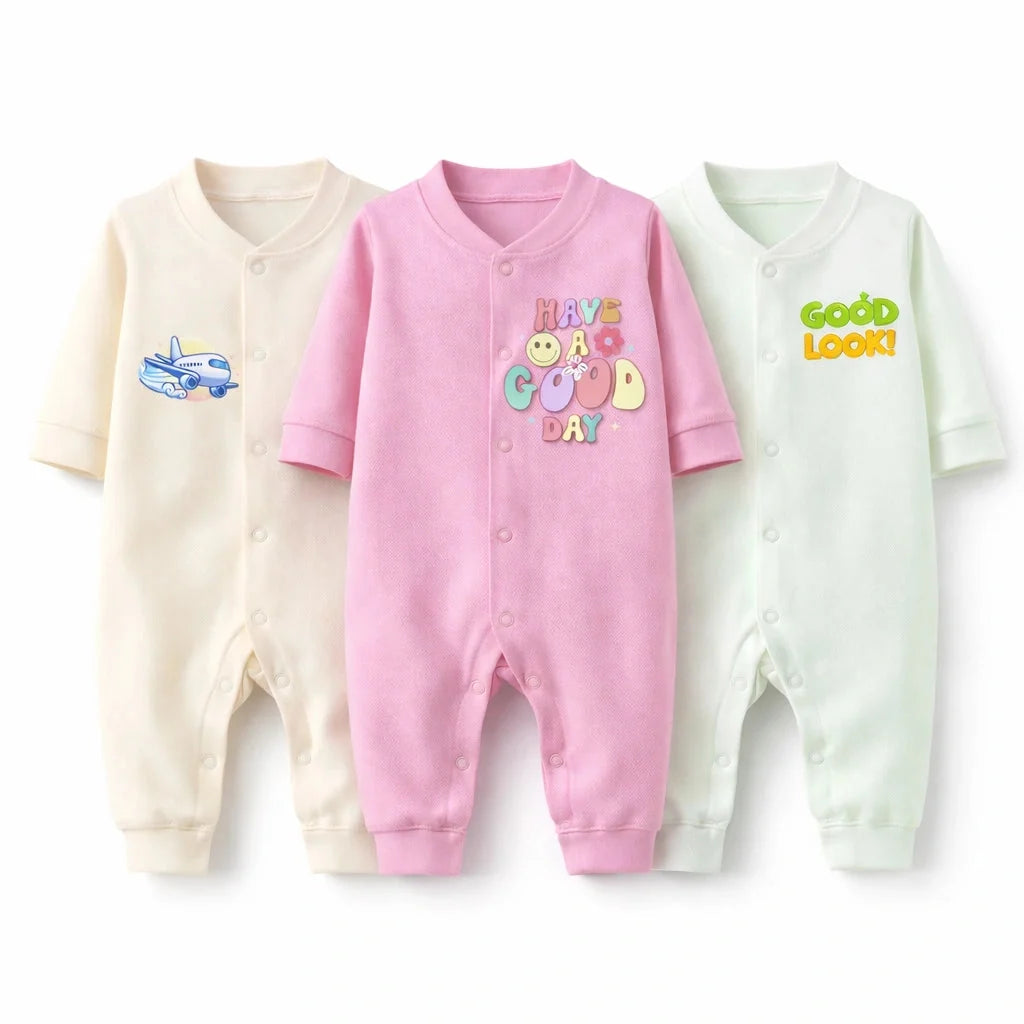Pack of 3 Soft Cotton Baby Romper Suits for Boys and Girls 0 to 9 Months