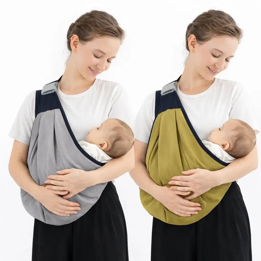 Baby sling carrier in use – grey and green