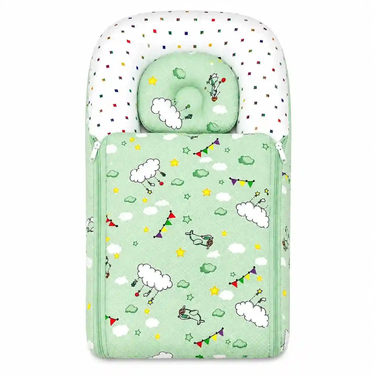 Baby Carry Nest with Pillow – Green Cloud Print
