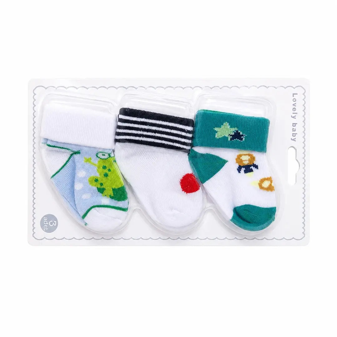 Pack of 3 baby boys cotton socks in assorted white, light blue and green cartoon designs