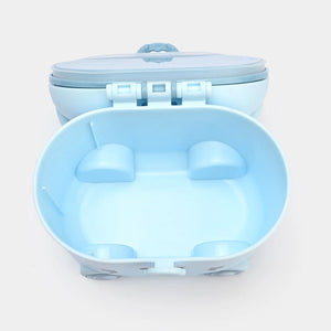 Blue cat-shaped baby milk powder storage box shown open with storage compartment
