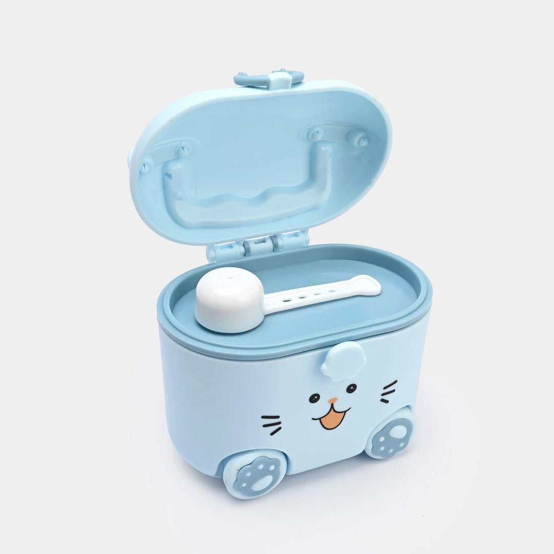 Blue cat-shaped baby milk powder storage box with open airtight lid
