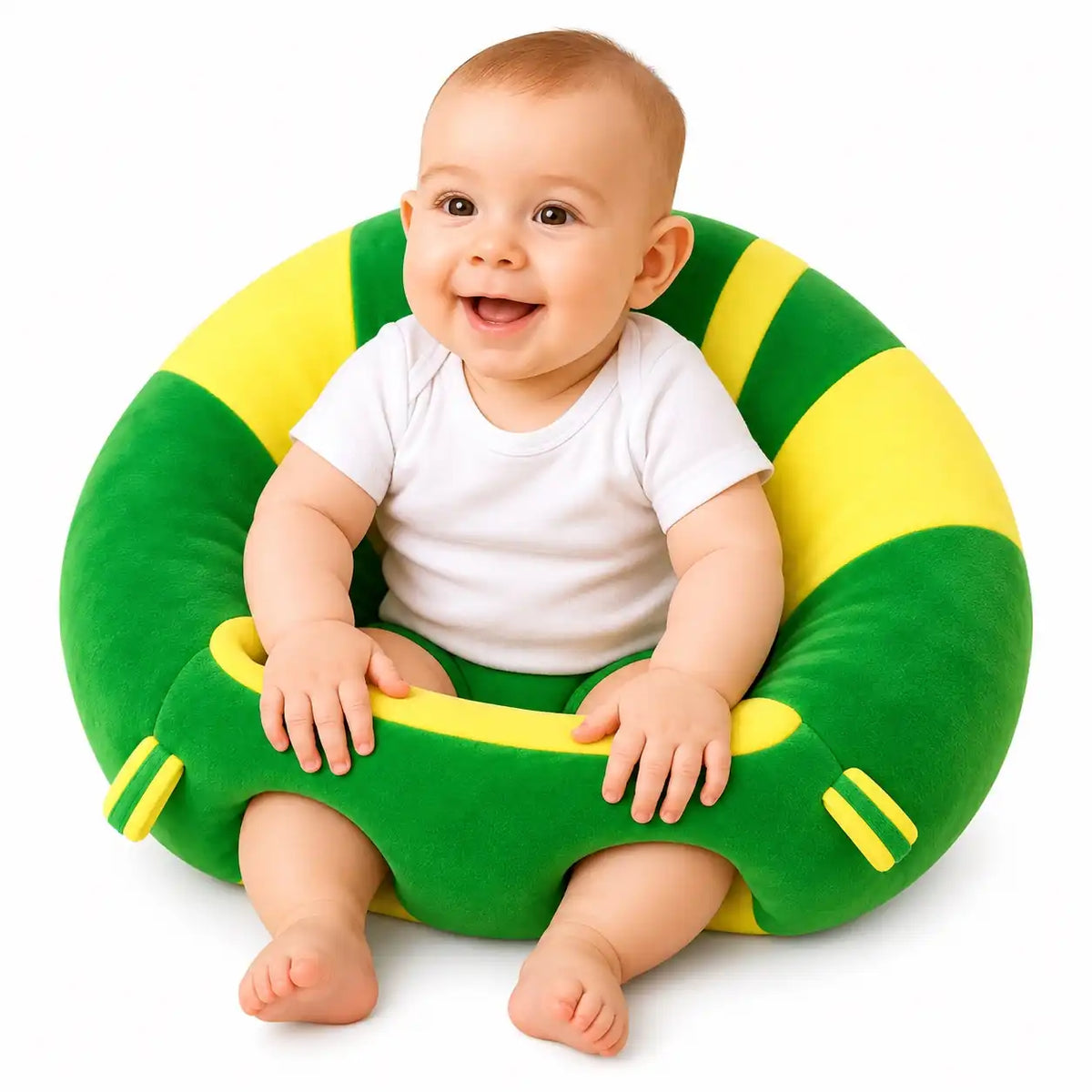 Baby sitting comfortably in a green and yellow plush support seat