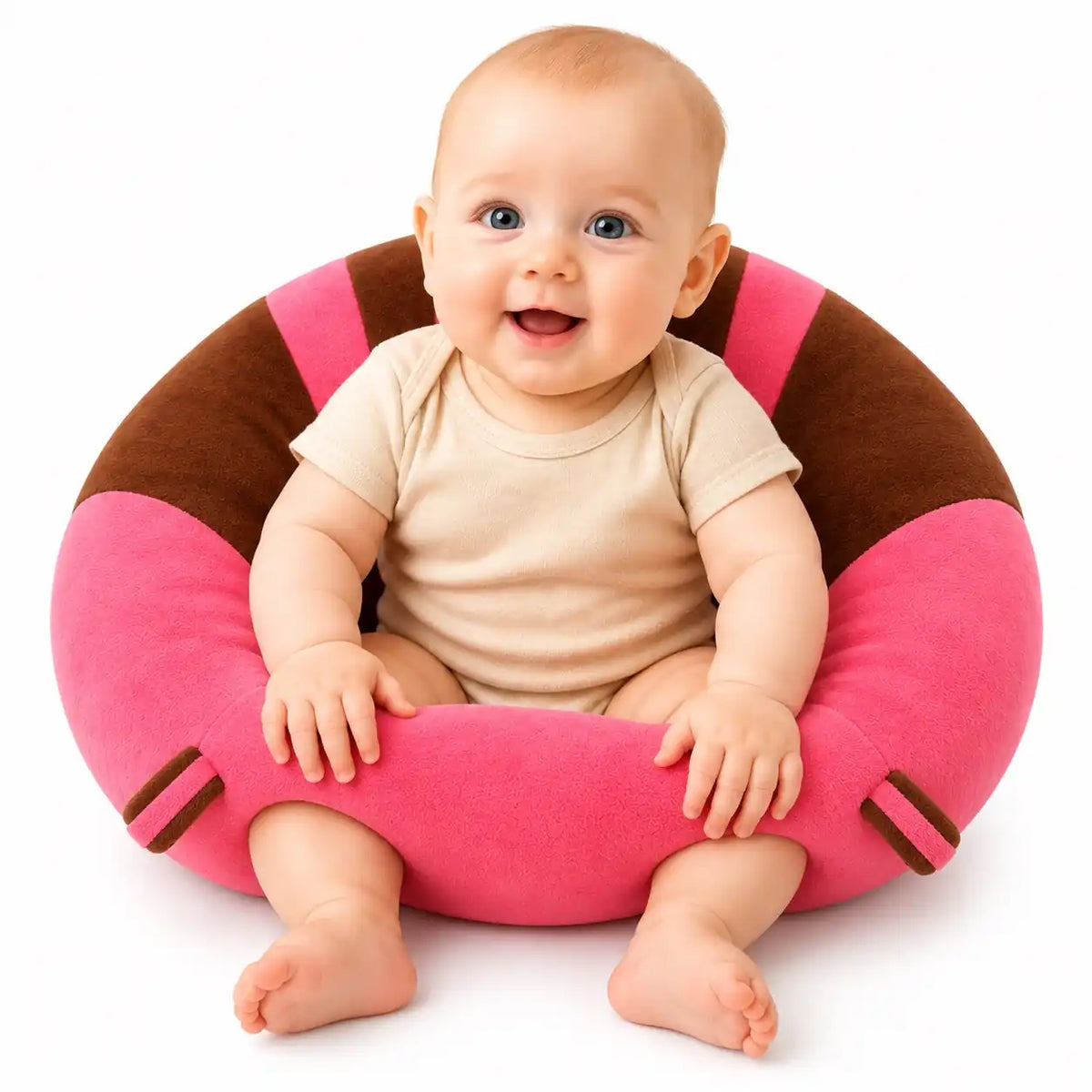 Baby sitting in a pink plush support seat with brown accents