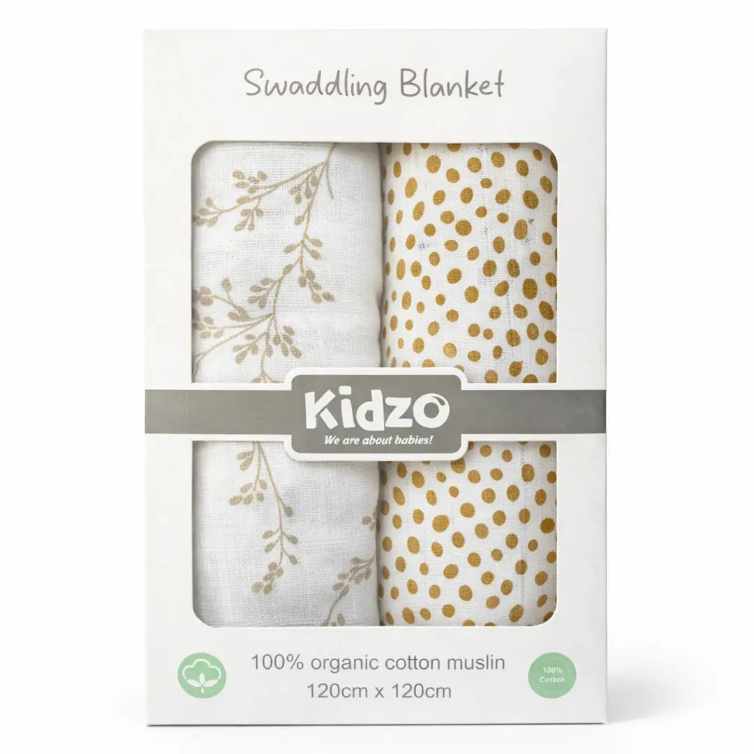 Pack of two 120×120 cm organic cotton muslin wrapping sheets for babies aged 0 to 6 months
