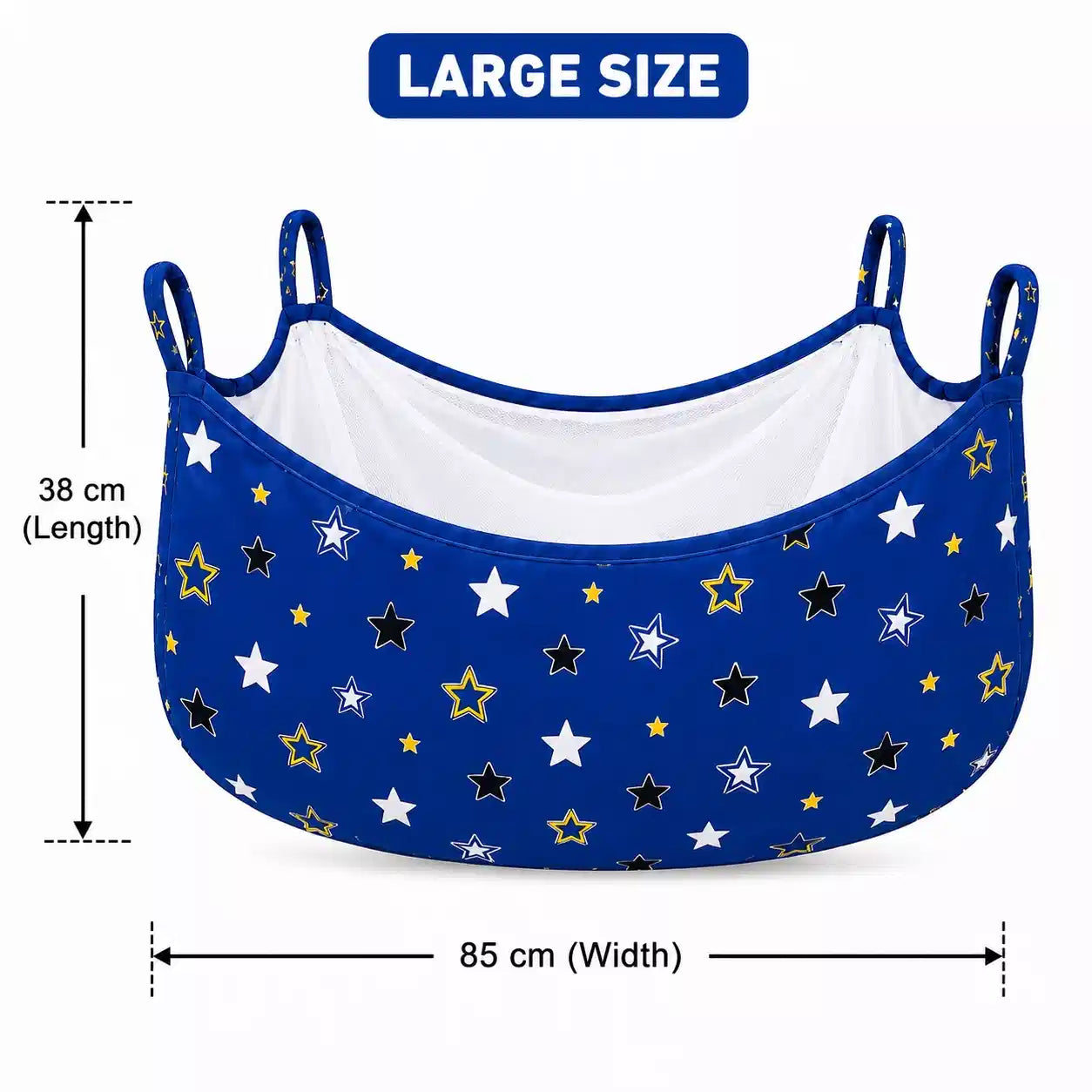 Large dark blue star print baby cradle swing cloth with net measuring 85 × 38 cm