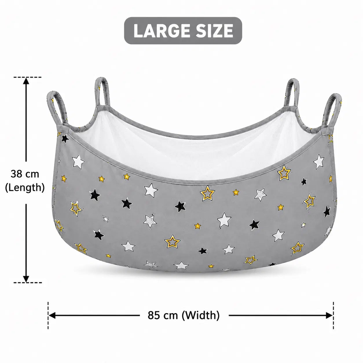 Large grey star print baby cradle swing cloth with net measuring 85 × 38 cm