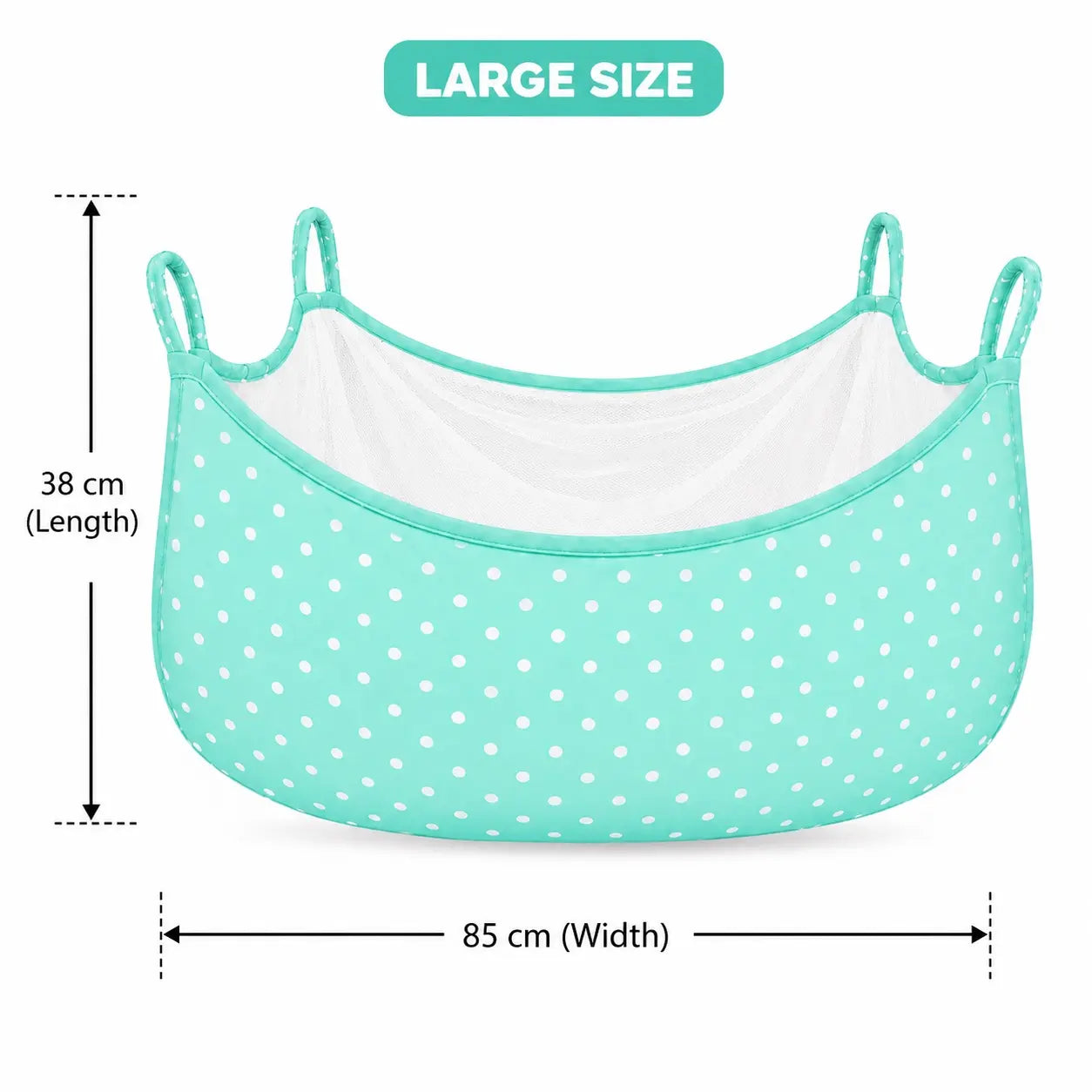 Large mint green baby cradle swing cloth with net measuring 85 × 38 cm