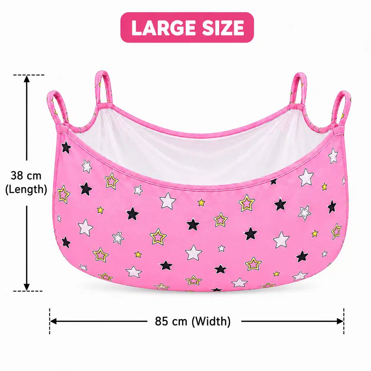Large pink star print baby cradle swing cloth with net measuring 85 × 38 cm
