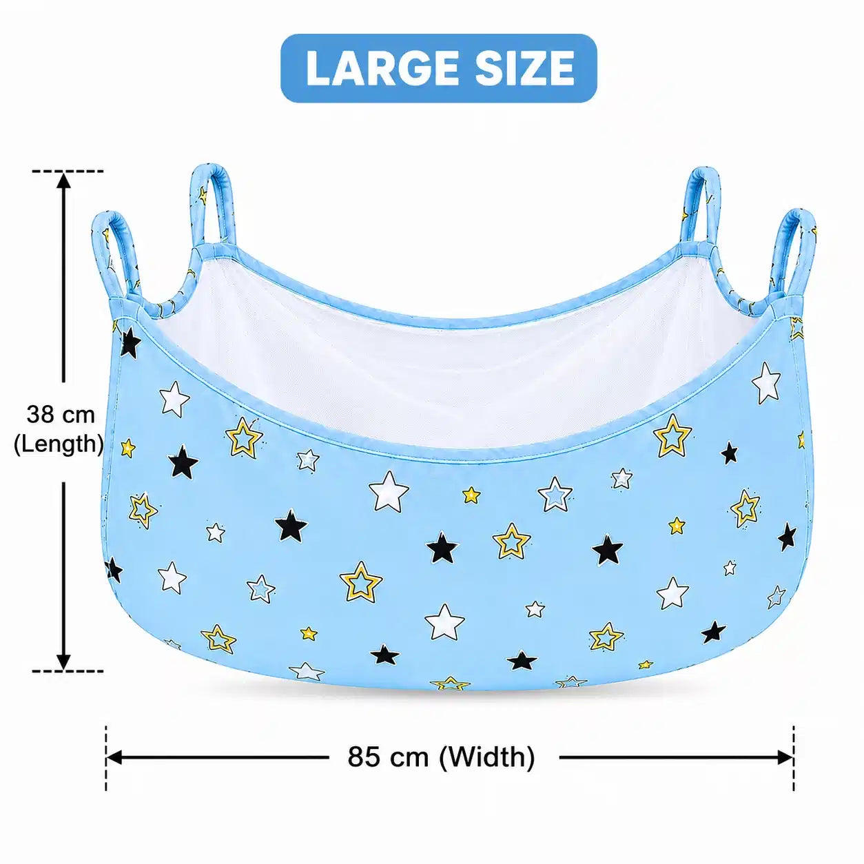 Large sky blue star print baby cradle swing cloth with net measuring 85 × 38 cm