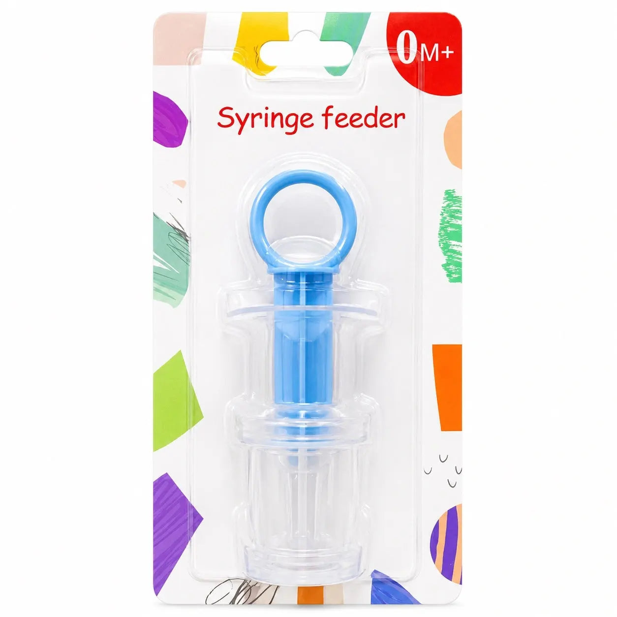 Blue baby syringe feeder in retail packaging
