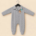 Light grey baby winter quilted footed romper with cable-knit-inspired texture, teddy bear embroidery and front snap buttons