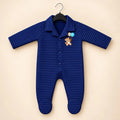 Royal blue baby winter ribbed quilted footed romper with teddy bear embroidery, front snap buttons and long sleeves