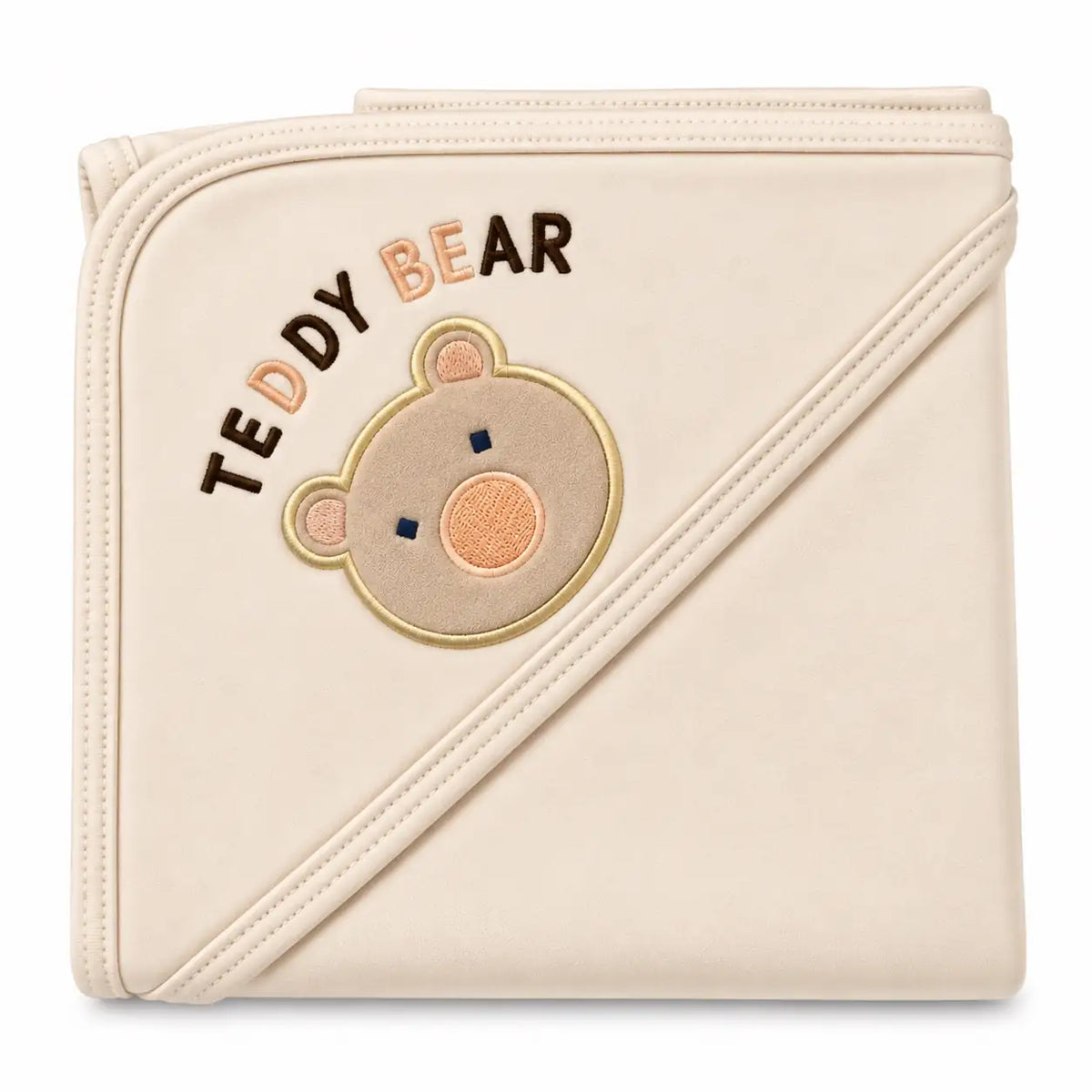 Beige baby hooded wrapping sheet made from soft interlock fabric with teddy bear embroidery