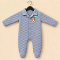 Light grey baby winter quilted footed romper with checkered texture, teddy bear embroidery, front snap buttons and long sleeves