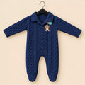 Navy blue baby winter quilted footed romper with teddy bear embroidery, snap buttons and long sleeves