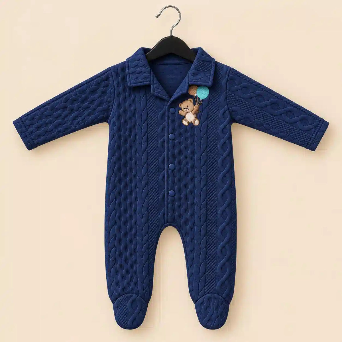 Navy blue baby winter quilted footed romper with teddy bear embroidery, snap buttons and long sleeves