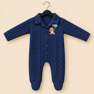 Navy blue baby winter quilted footed romper with teddy bear embroidery, snap buttons and long sleeves