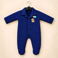 Royal blue baby winter diamond quilted footed romper with teddy bear embroidery, front snap buttons and long sleeves