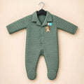 Sage green baby winter ribbed quilted footed romper with teddy bear embroidery, front snap buttons and long sleeves