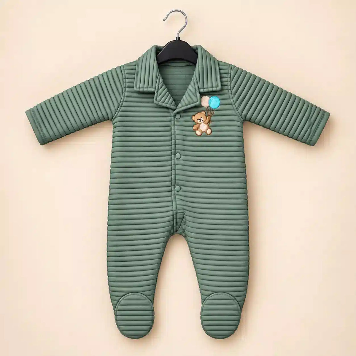 Sage green baby winter ribbed quilted footed romper with teddy bear embroidery, front snap buttons and long sleeves