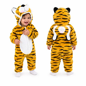 Tiger character hooded winter fleece romper jumpsuit standing front view with white chest panel